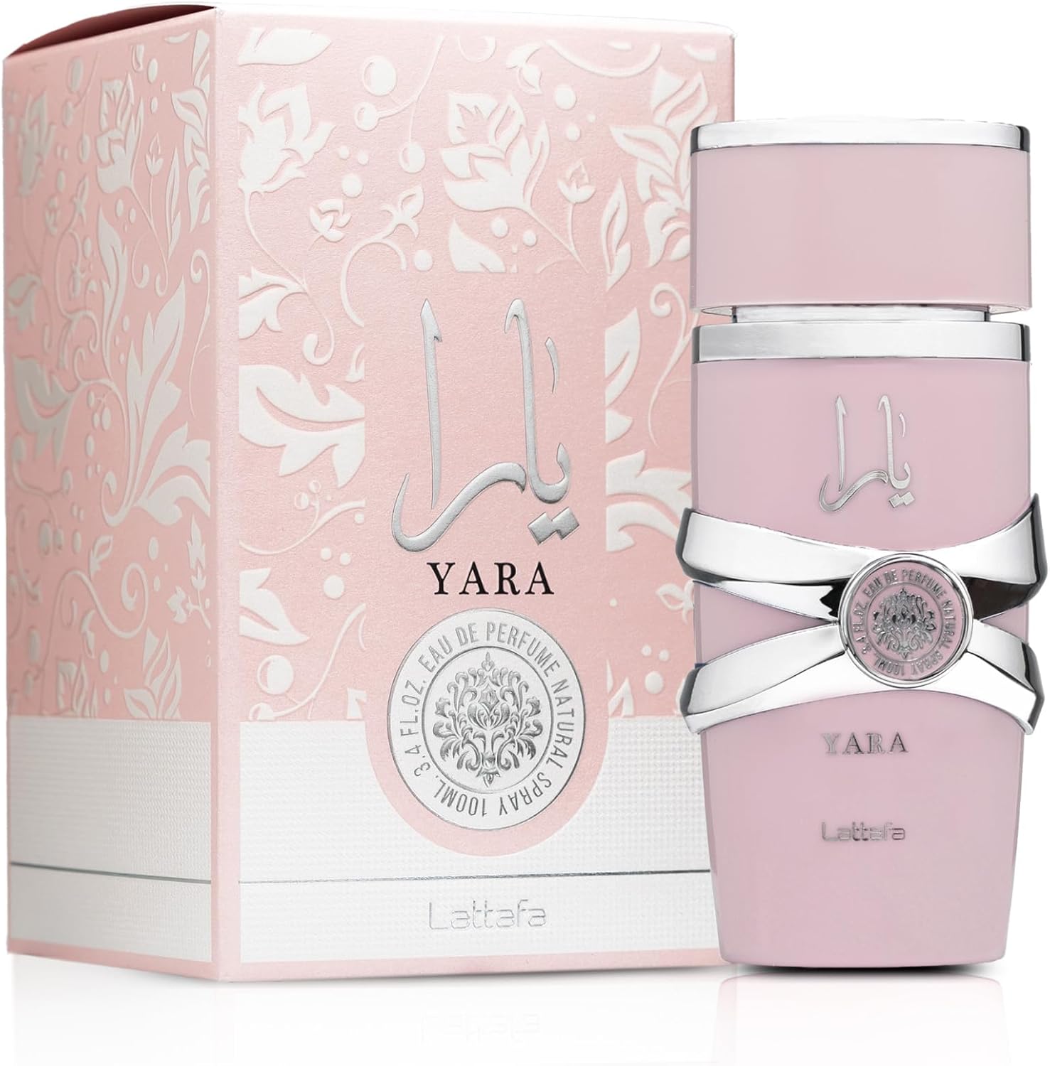 Pink Yara perfume bottle and packaging with silver accents on a white background