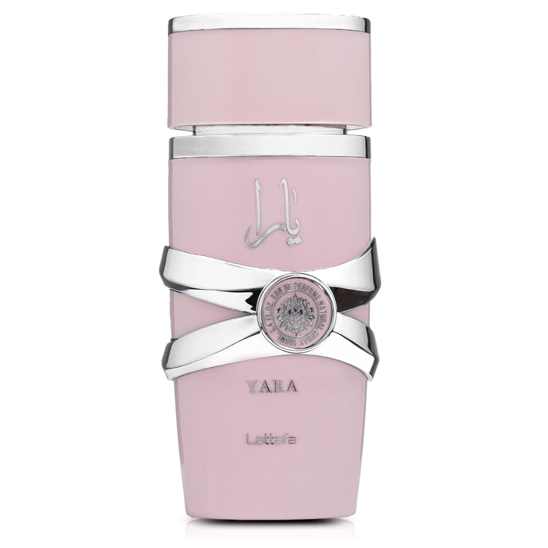 Front view of Lattafa Yara pink perfume bottle with silver filigree and a textured cap on a white background