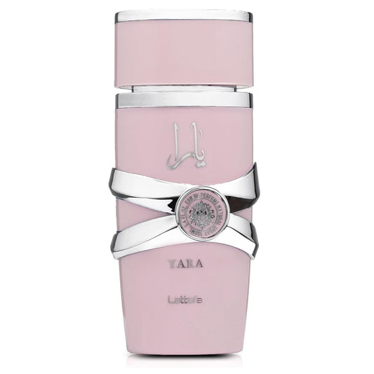 Front view of Lattafa Yara pink perfume bottle with silver filigree and a textured cap on a white background